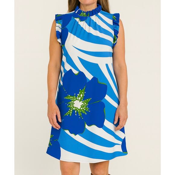 Jude Connally Blue Sleeveless Tropical Floral Print Dress Made in US Size XL - Picture 1 of 6